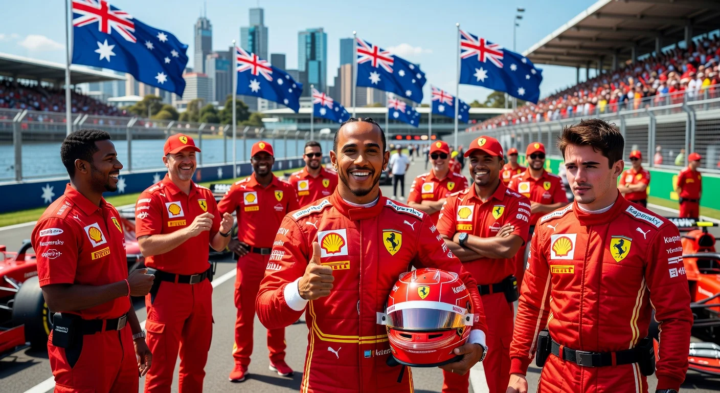 Lewis Hamilton smiling happily with Ferrari team at Australian GP, Charles Leclerc nearby.