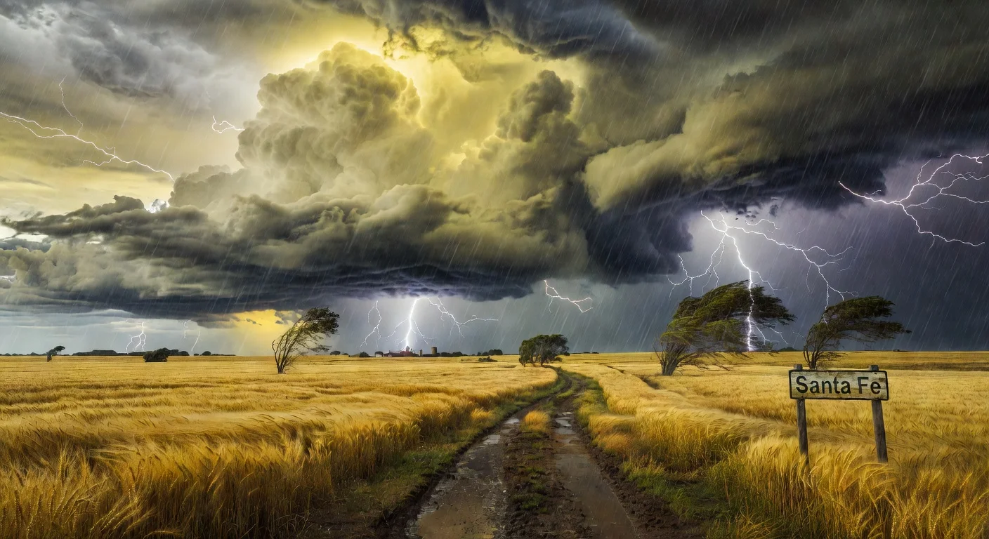 Dramatic storm clouds and lightning over Argentine pampas amid yellow weather alert for multiple provinces.