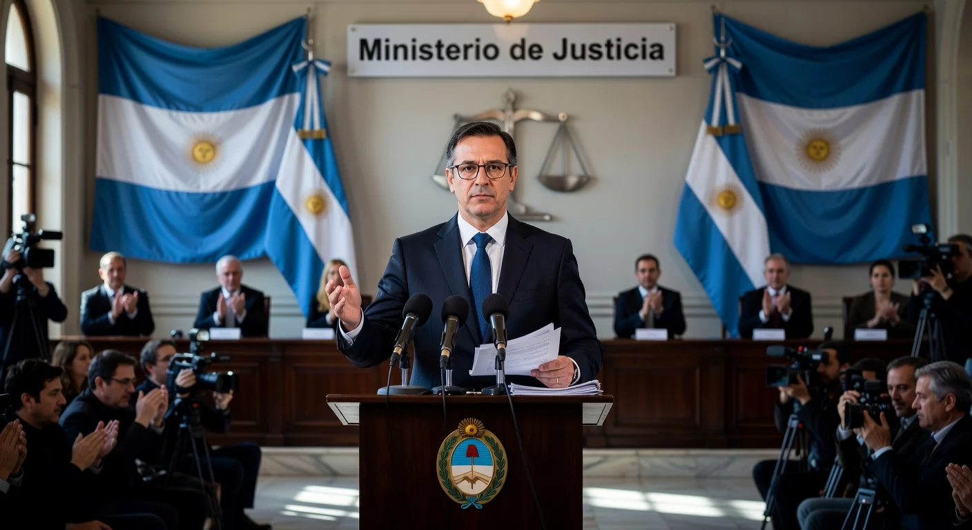 Juan Bautista Mahiques speaks at podium as new Argentine Minister of Justice, with flags and officials in background.