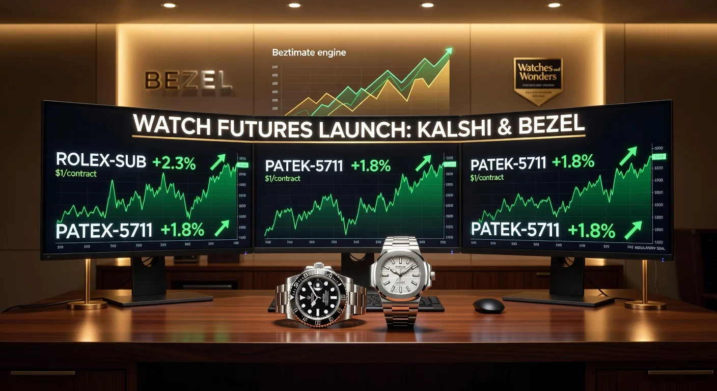 Luxury watches displayed on a trading desk with screens showing Watch Futures prediction market charts for Rolex and Patek Philippe models.