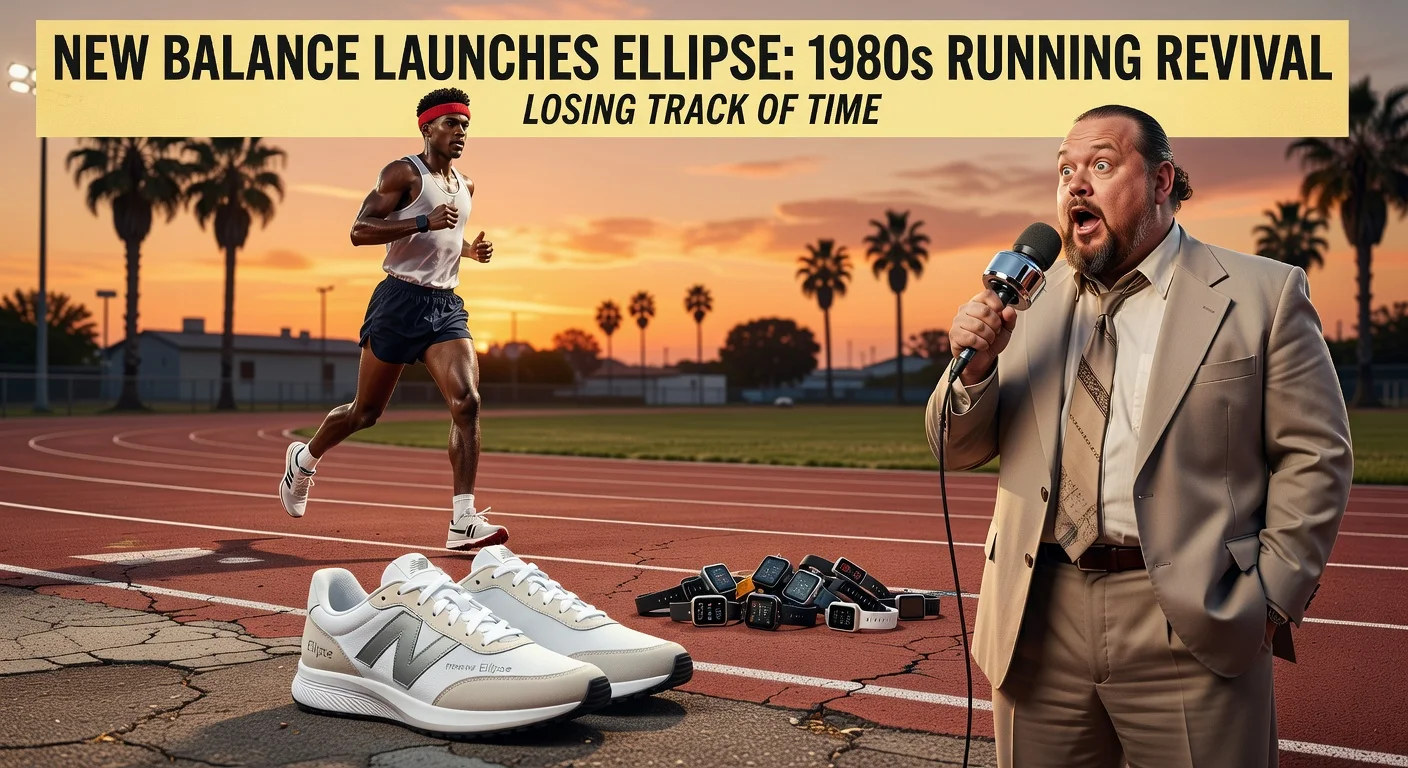 New Balance Ellipse running shoe on 1980s track with retro runner and Action Bronson as news reporter.