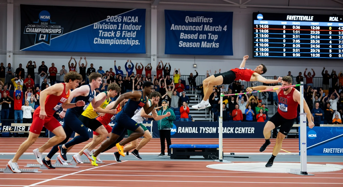 Photorealistic action shot of collegiate track athletes competing and celebrating qualification for the 2026 NCAA Indoor Championships at Randal Tyson Track Center.