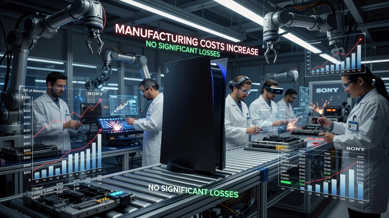 Illustration of PlayStation 6 console on factory line with rising manufacturing cost charts to $1000.
