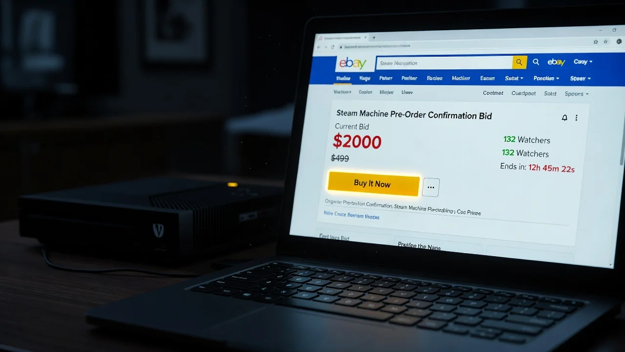 A laptop displays an inflated eBay listing for a Steam Machine pre-order, illustrating scalping above retail price.