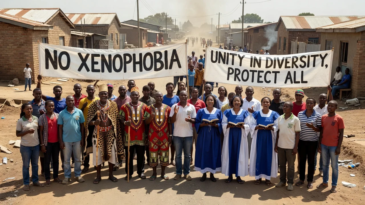 Community members resisting xenophobia by protecting foreign nationals in a peaceful gathering.