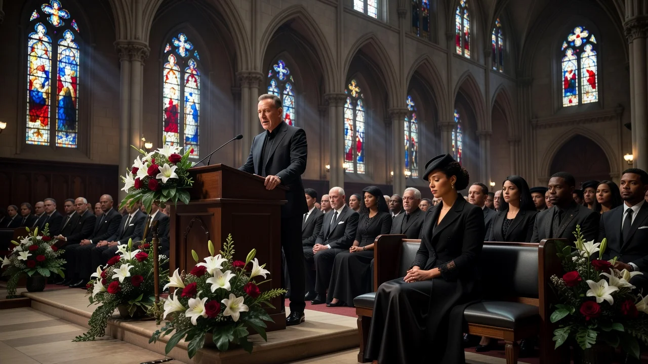 Bruce Springsteen and Alicia Keys eulogizing Clive Davis at his funeral in New York.