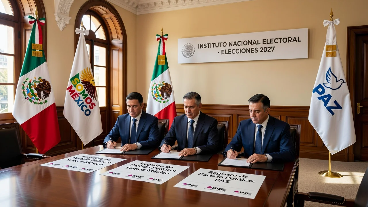 Realistic illustration of INE approving registrations for Somos México and PAZ parties for 2027 elections.