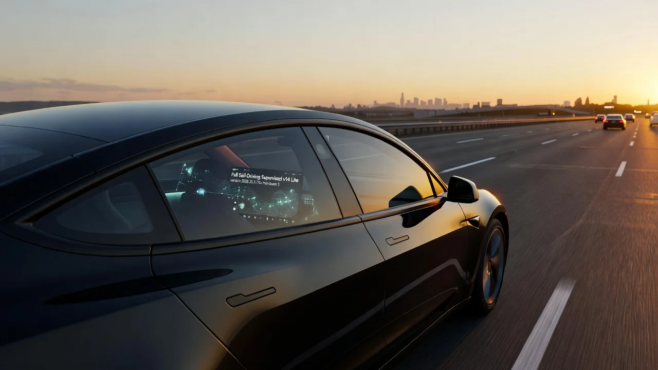 Tesla vehicle on highway showing FSD v14 Lite software update on dashboard screen
