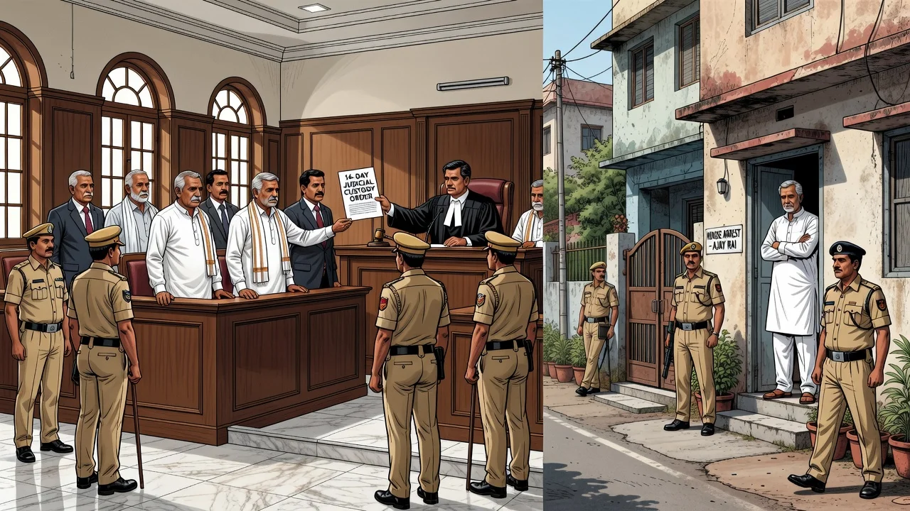 Illustration of Ayodhya court and house arrest in Ram temple donations embezzlement case involving eight accused and Congress leader Ajay Rai.