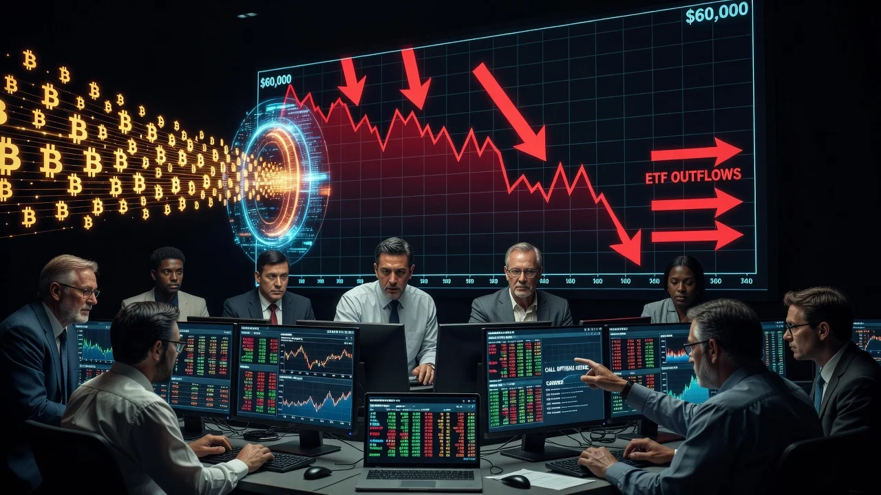 Bitcoin falling below 60,000 dollars with traders hedging positions and exchange flows depicted.