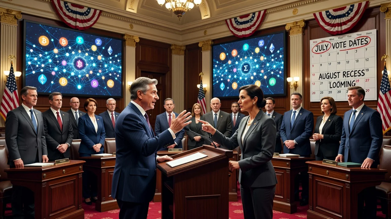 Senators debating crypto regulation bill in the US Senate with calendar showing July vote deadline
