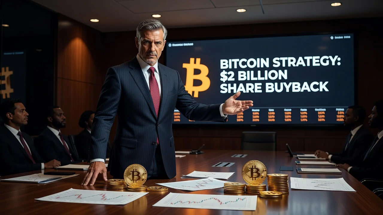 A corporate executive presenting Bitcoin monetization and share buyback strategy in a boardroom.