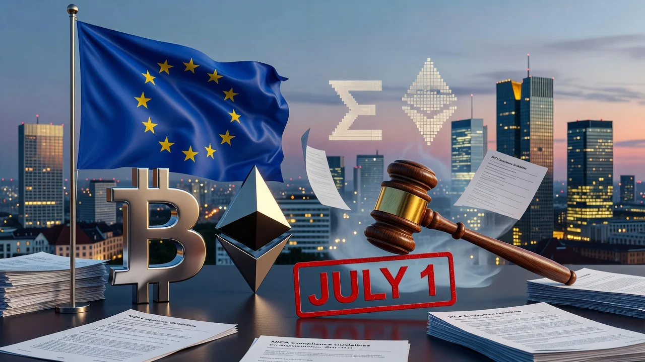 Illustration of EU MiCA crypto regulation deadline with flags, symbols, and cityscape