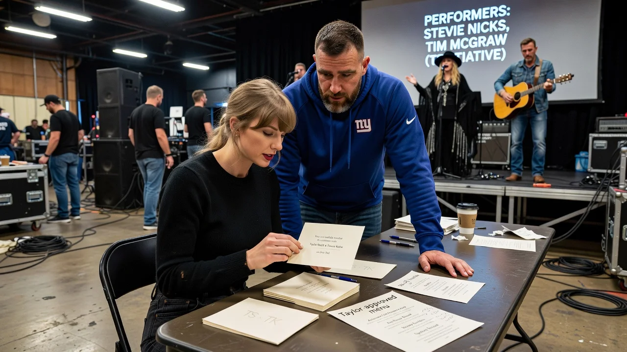 Taylor Swift and Travis Kelce at Madison Square Garden reviewing invites for their July 3 celebration.