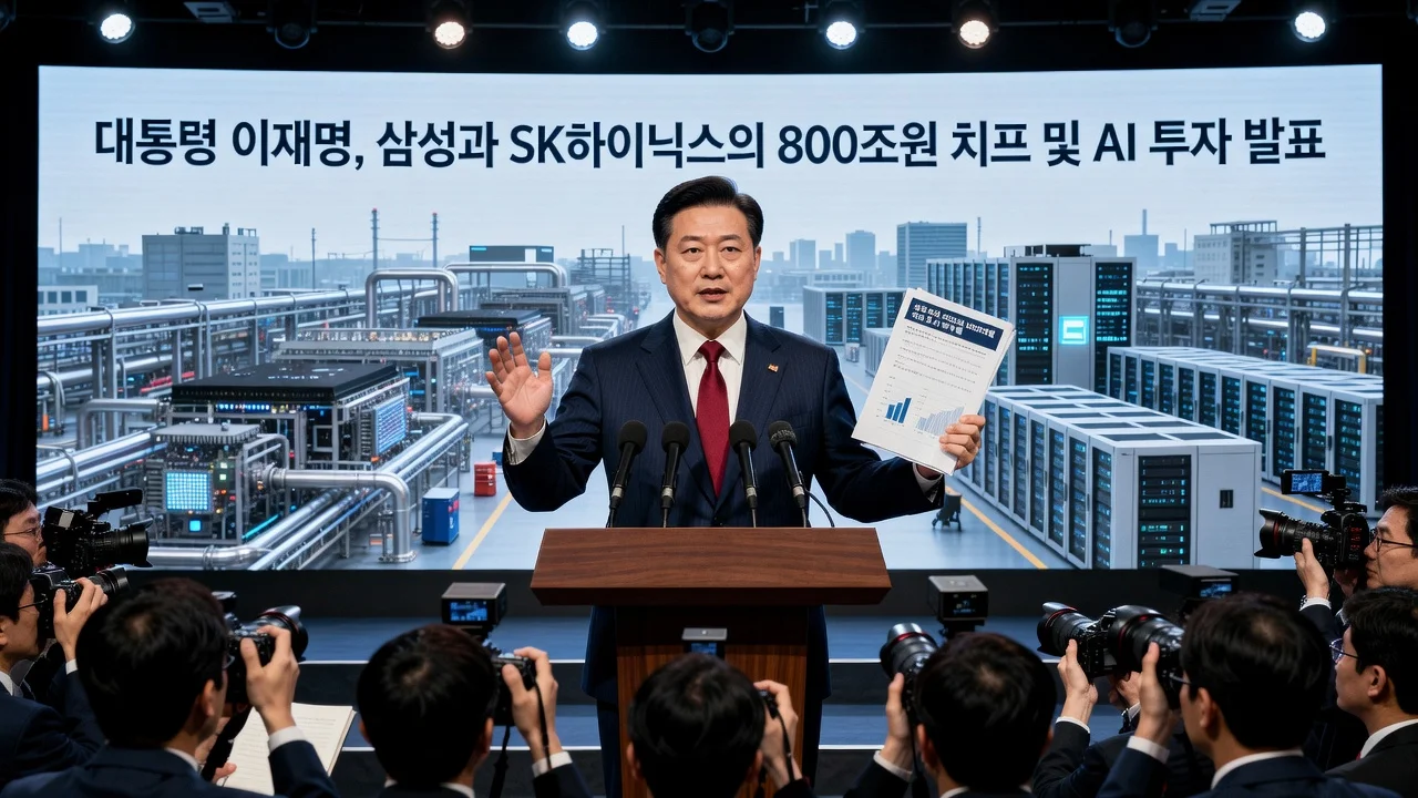 President Lee Jae Myung announcing semiconductor and AI investments by Samsung and SK Hynix.