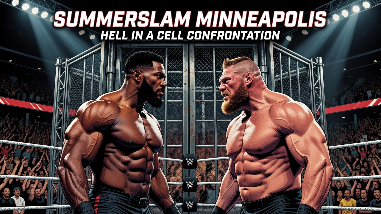 Illustration of Oba Femi and Brock Lesnar confronting each other with Hell in a Cell cage in the background for a WWE SummerSlam news article.