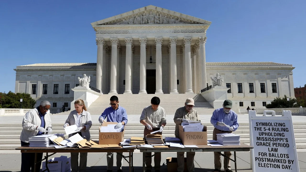 Illustration of the Supreme Court building and mail ballots for a news article on the mail ballot grace period ruling.