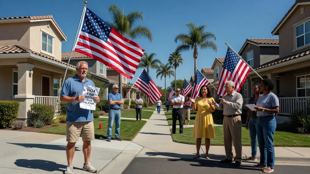 Homeowners in San Marcos, California, displaying American flags despite HOA threats, illustrating a local dispute over patriotic symbols.