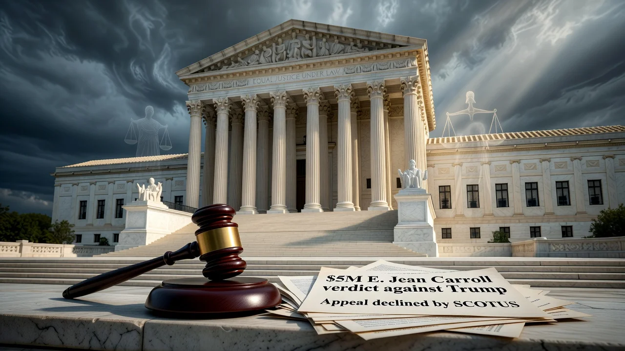Illustration of the Supreme Court building with legal documents representing the E. Jean Carroll verdict against Trump.
