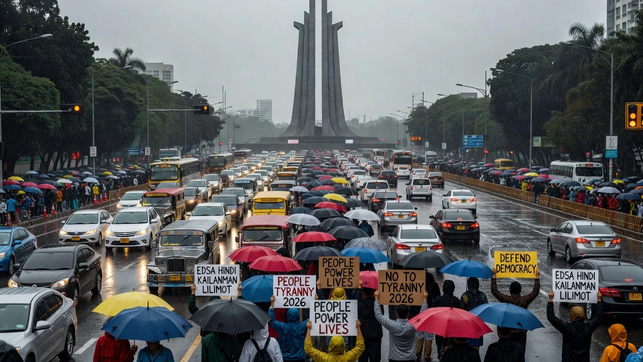 Thousands of protesters gathered at the People Power Monument in the rain on EDSA, causing traffic disruptions.