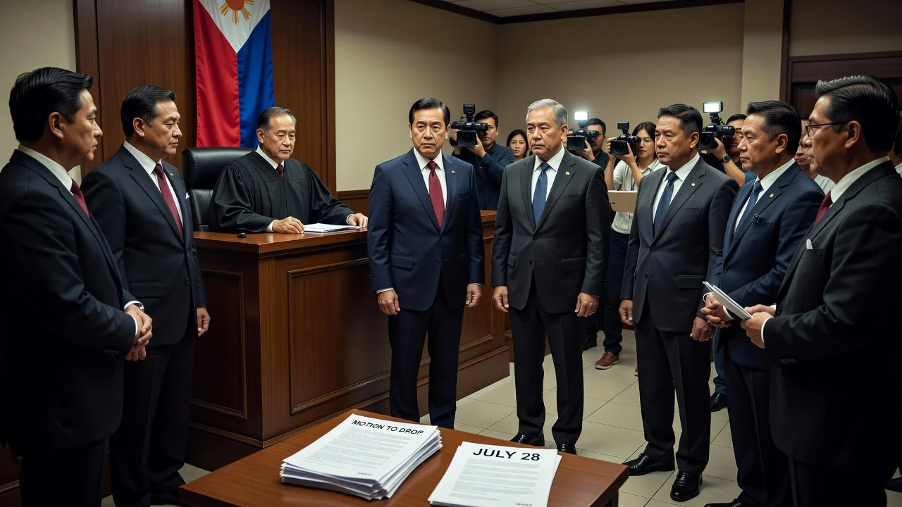 Realistic illustration of a Philippine courtroom scene with Sen. Jinggoy Estrada and Manuel Bonoan at a postponed arraignment hearing.