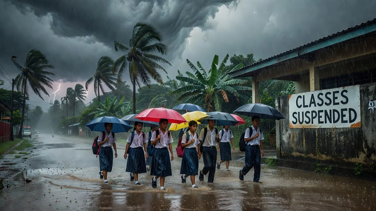 Students walking through rain in the Philippines amid class suspensions caused by low pressure weather.