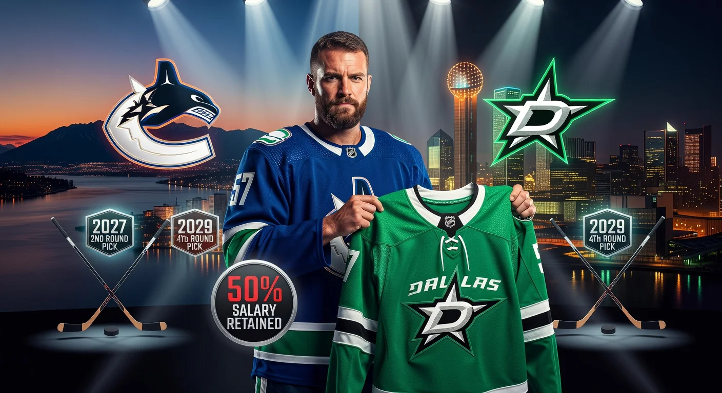 Photorealistic image depicting Tyler Myers' trade from Vancouver Canucks to Dallas Stars for draft picks, with jerseys, logos, and trade details.