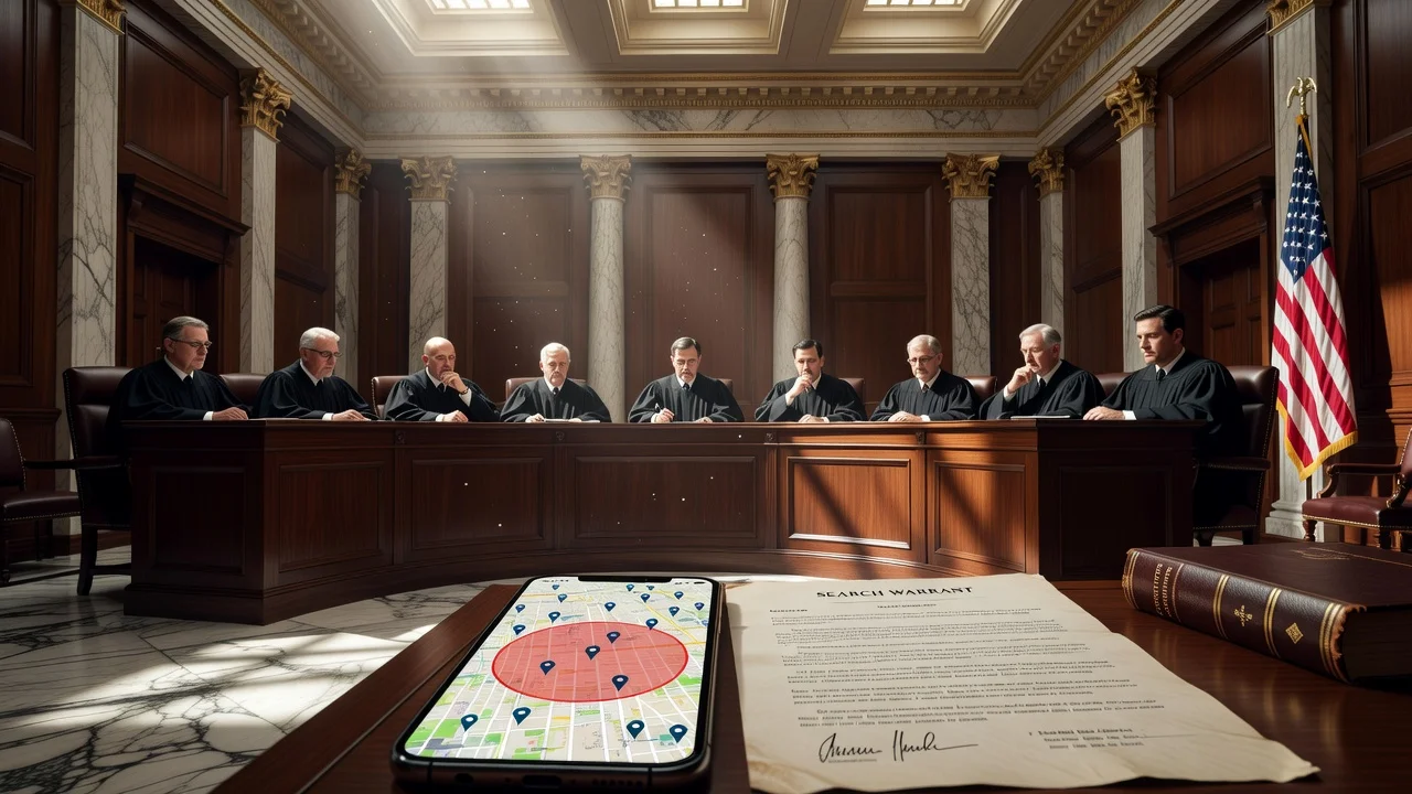 Illustration of Supreme Court ruling on geofence warrants with cellphone map and warrant document.