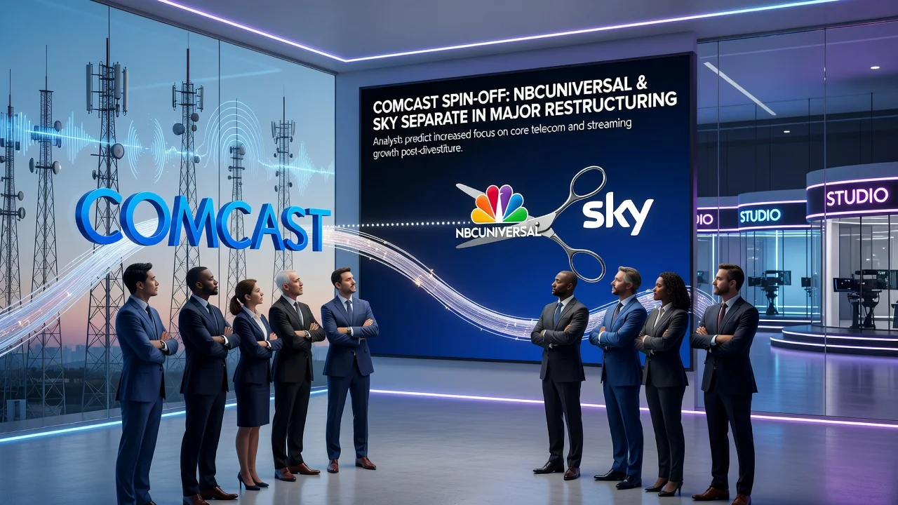 Illustration of Comcast spinning off NBCUniversal, showing corporate logos separated by a dividing line in a professional setting.