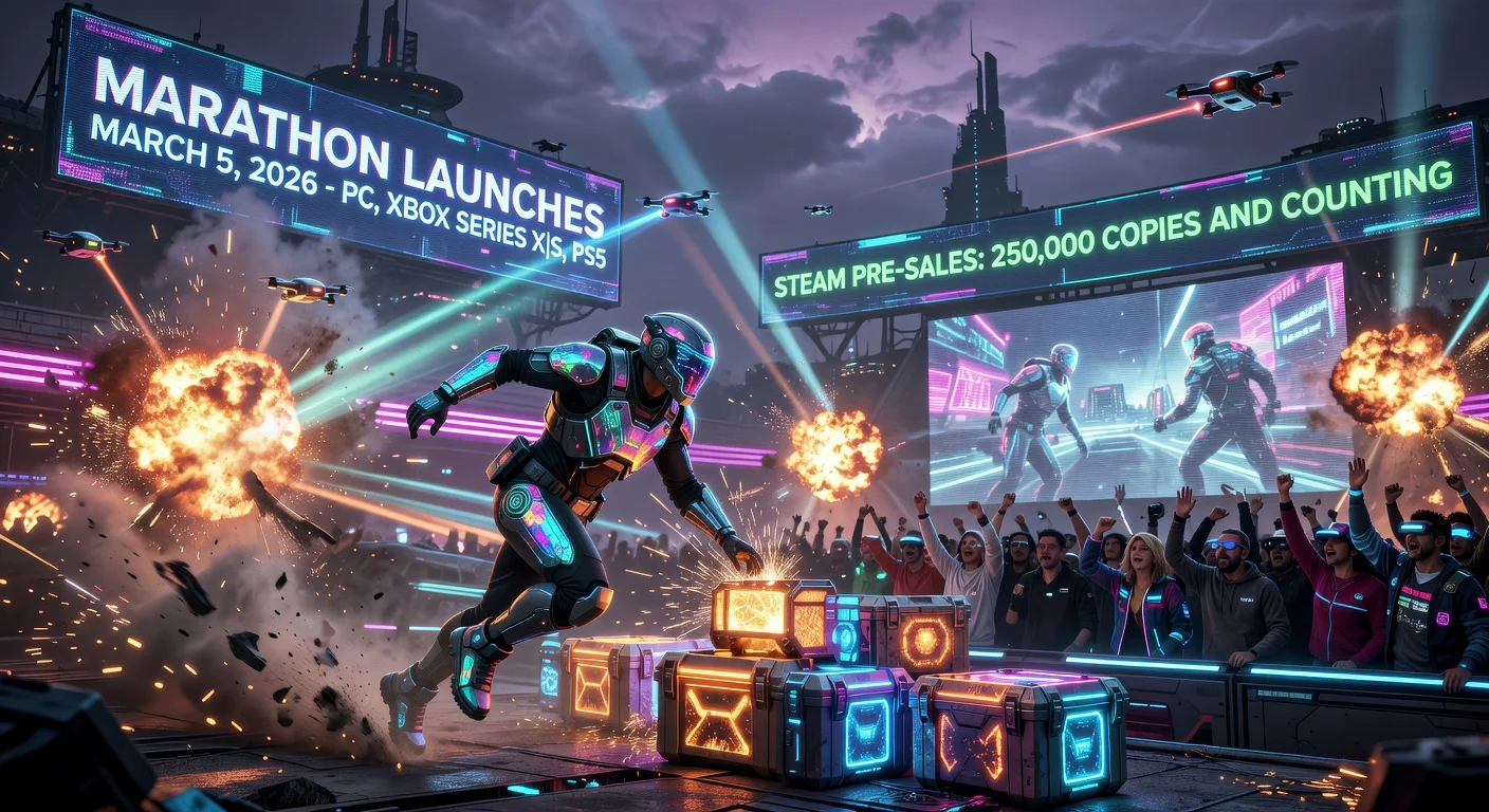 Illustration of Marathon game's upcoming launch on March 5, 2026, highlighting beta success and pre-sales amid cyberpunk action.