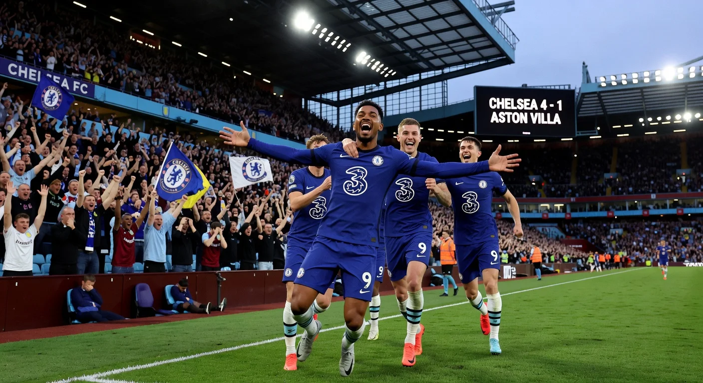 Chelsea's Joao Pedro celebrates his hat-trick during the 4-1 win over Aston Villa at Villa Park.
