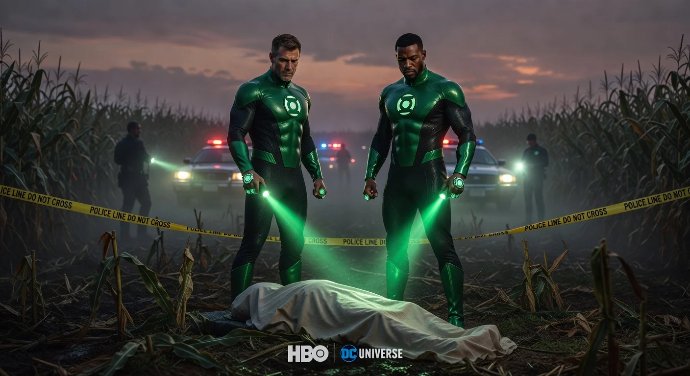 Cinematic poster illustration of Green Lanterns Hal Jordan and John Stewart investigating a murder in rural Nebraska for HBO's upcoming DC series Lanterns.
