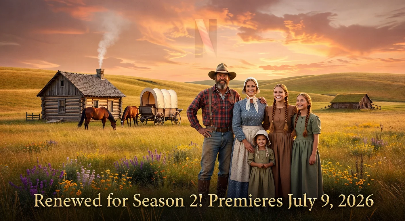 Photorealistic image of the Ingalls pioneer family on the prairie homestead, celebrating Netflix's 'Little House on the Prairie' reboot renewal for season 2.