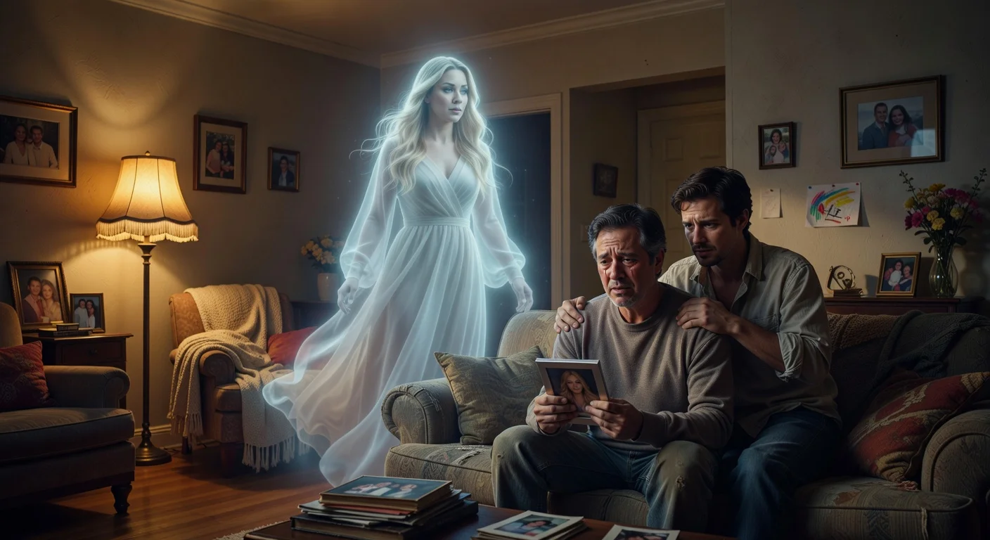 Photorealistic illustration of Kaley Cuoco as ghostly matriarch watching over Ray Romano and Joshua Jackson in HBO Max pilot 'How to Survive Without Me'.