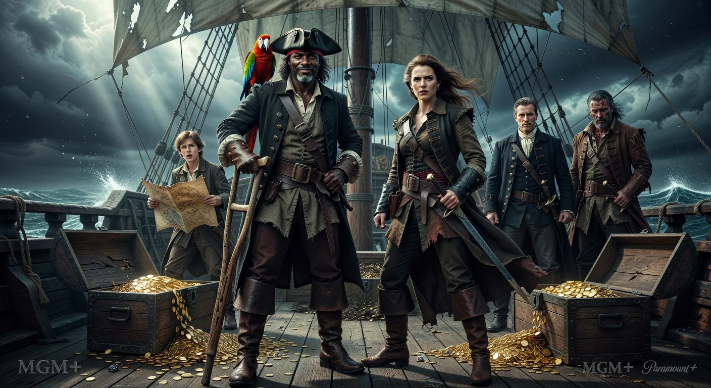 Cast portrait illustration for MGM+ and Paramount+ Treasure Island series starring David Oyelowo as Long John Silver and Hayley Atwell.