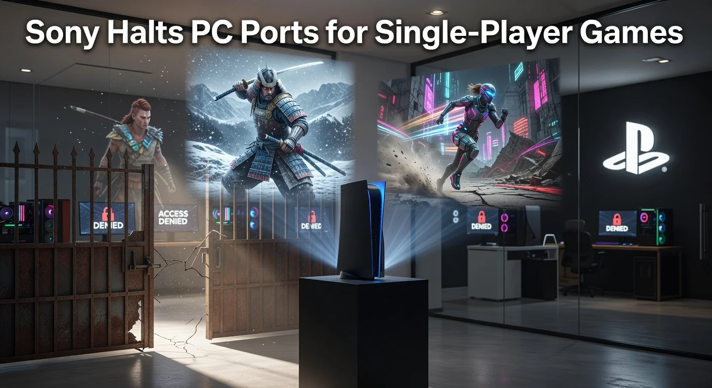 Illustrative image of a PS5 console with exclusive games like Ghost of Yotei and Saros behind a locked gate blocking PCs, symbolizing Sony's decision to halt single-player PC ports.