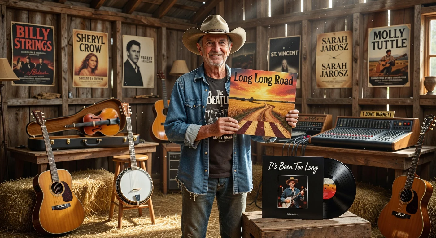 Sir Ringo Starr poses with his new country album 'Long Long Road' in a realistic Americana studio setting, surrounded by guitars and collaborator posters.