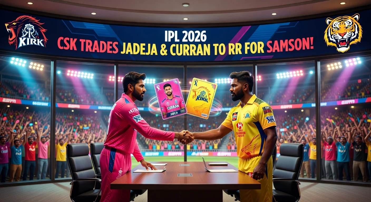 Dramatic illustration depicting the IPL 2026 trade of Jadeja and Curran from CSK to RR in exchange for Samson, with players shaking hands amid team logos and headlines.