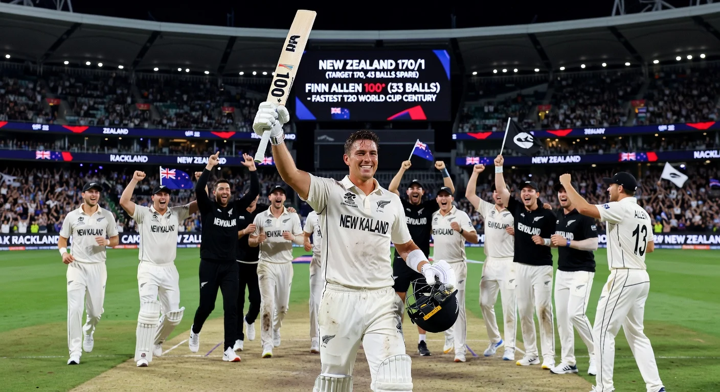 Finn Allen celebrates record T20 World Cup century as New Zealand crushes South Africa to reach final.