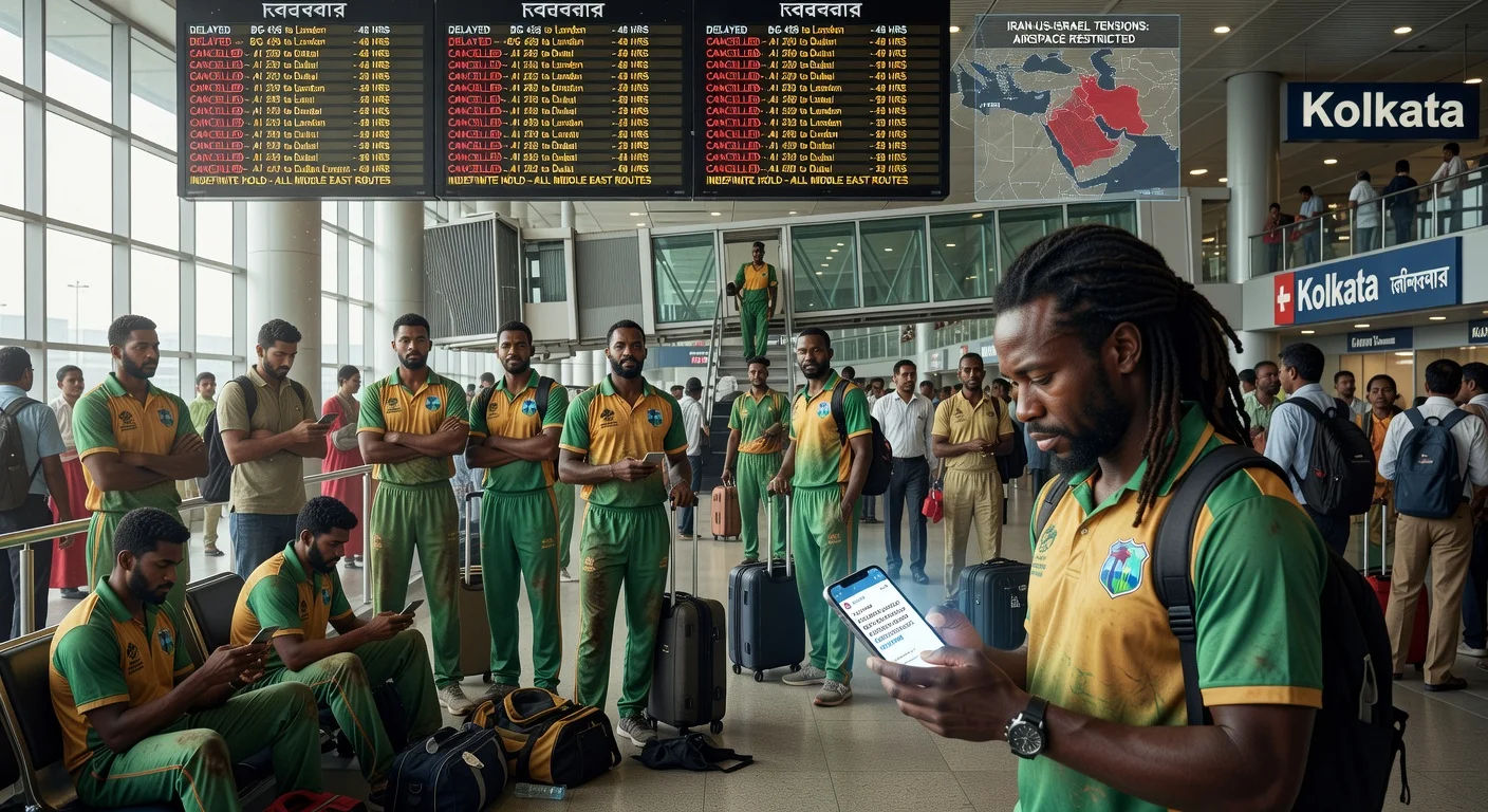 West Indies cricket team and coach Daren Sammy looking frustrated at Kolkata airport, stranded due to Middle East airspace closures amid geopolitical tensions.