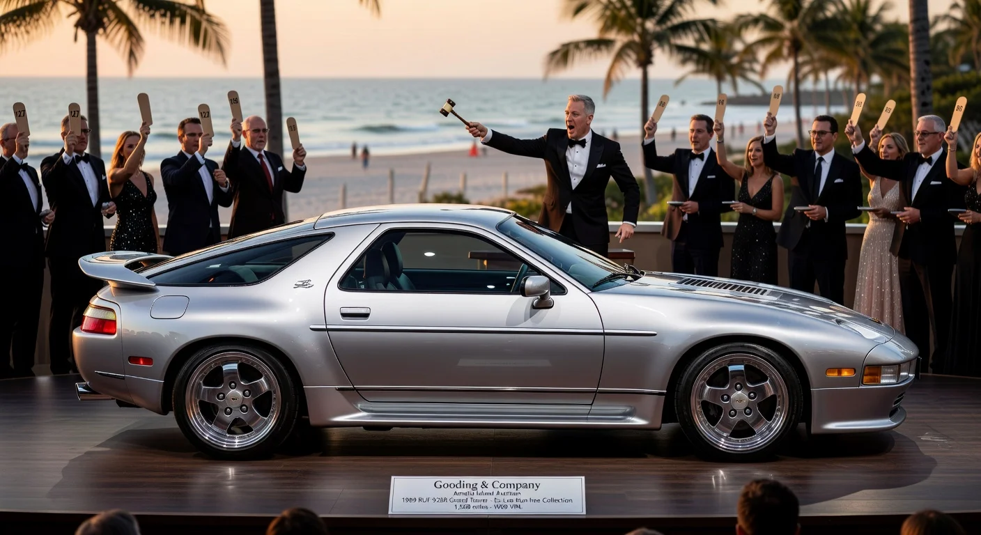 Pristine 1989 RUF 928R from Samsung Collection showcased on stage at Amelia Island auction, spotlit amid bidders and auctioneer.