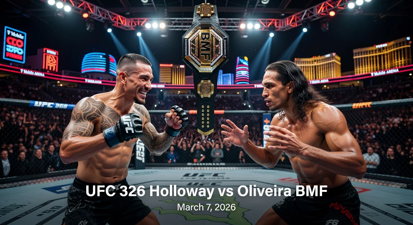 Max Holloway and Charles Oliveira face off intensely for BMF title fight at UFC 326, T-Mobile Arena, Las Vegas.