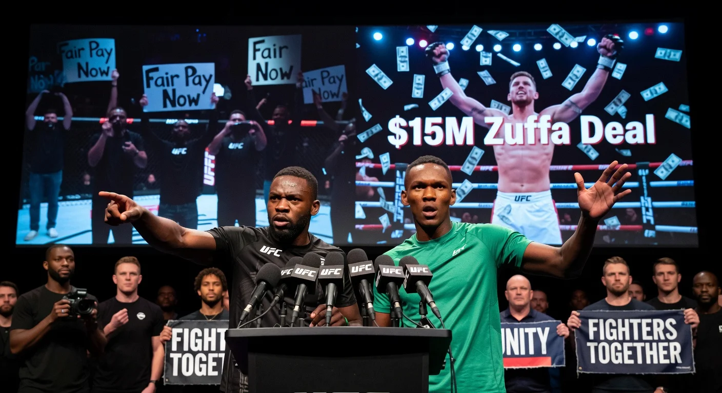 UFC fighters Aljamain Sterling and Israel Adesanya demand better pay at press conference, contrasting Conor Benn's $15 million boxing deal.