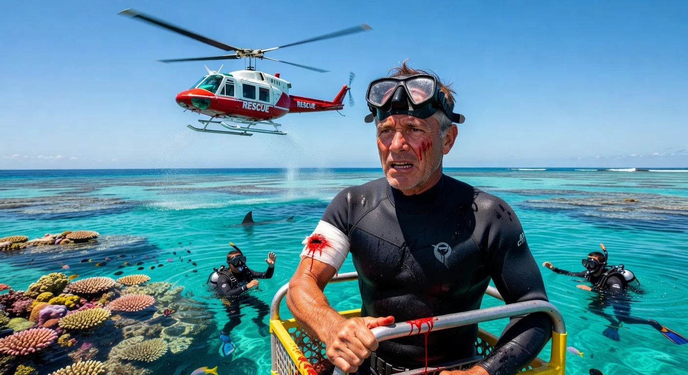 Illustration of injured snorkeler airlifted by helicopter after shark attack off Lady Elliot Island, Great Barrier Reef.