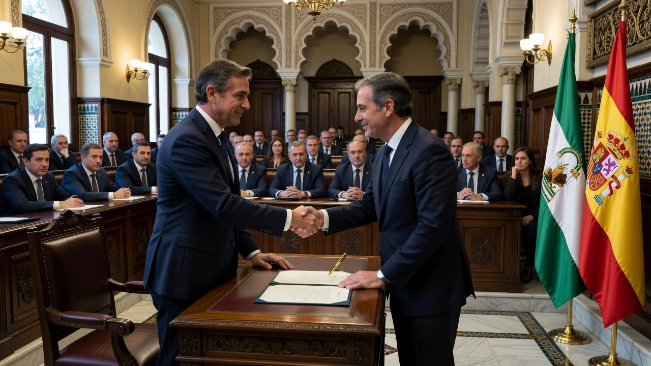 Juanma Moreno being invested as Andalusia president following a pact with Vox in the regional parliament.