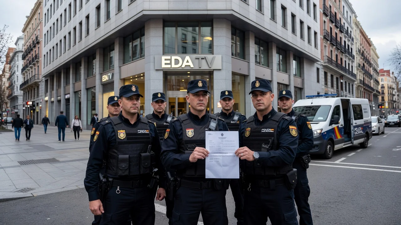 National Police officers outside EDA TV headquarters in Madrid attempting to execute an arrest warrant against Vito Quiles.
