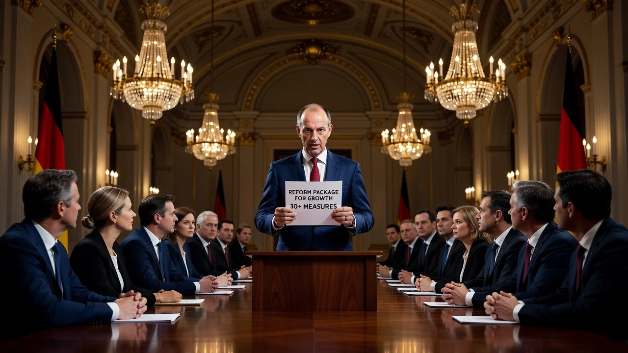Chancellor Friedrich Merz presenting a reform package for growth to coalition members in a government setting.