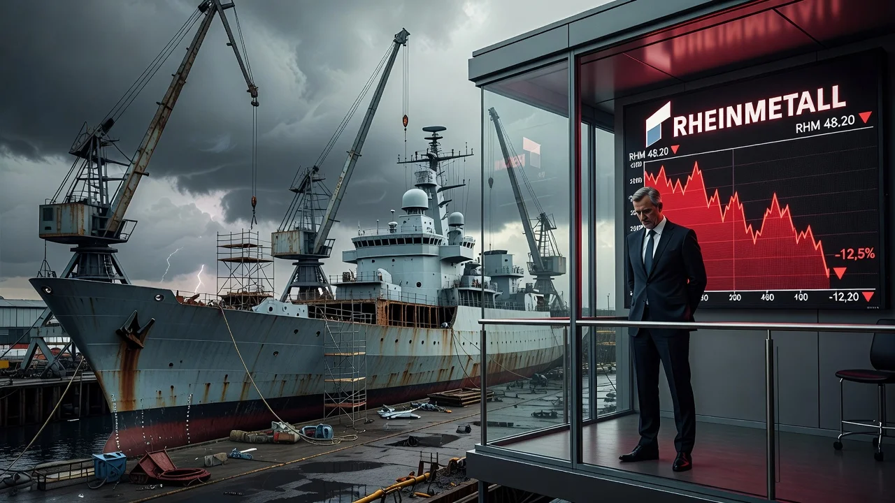 Illustration of a canceled naval frigate project impacting Rheinmetall's financial outlook, showing an abandoned ship in a shipyard and a concerned executive with a declining stock chart.