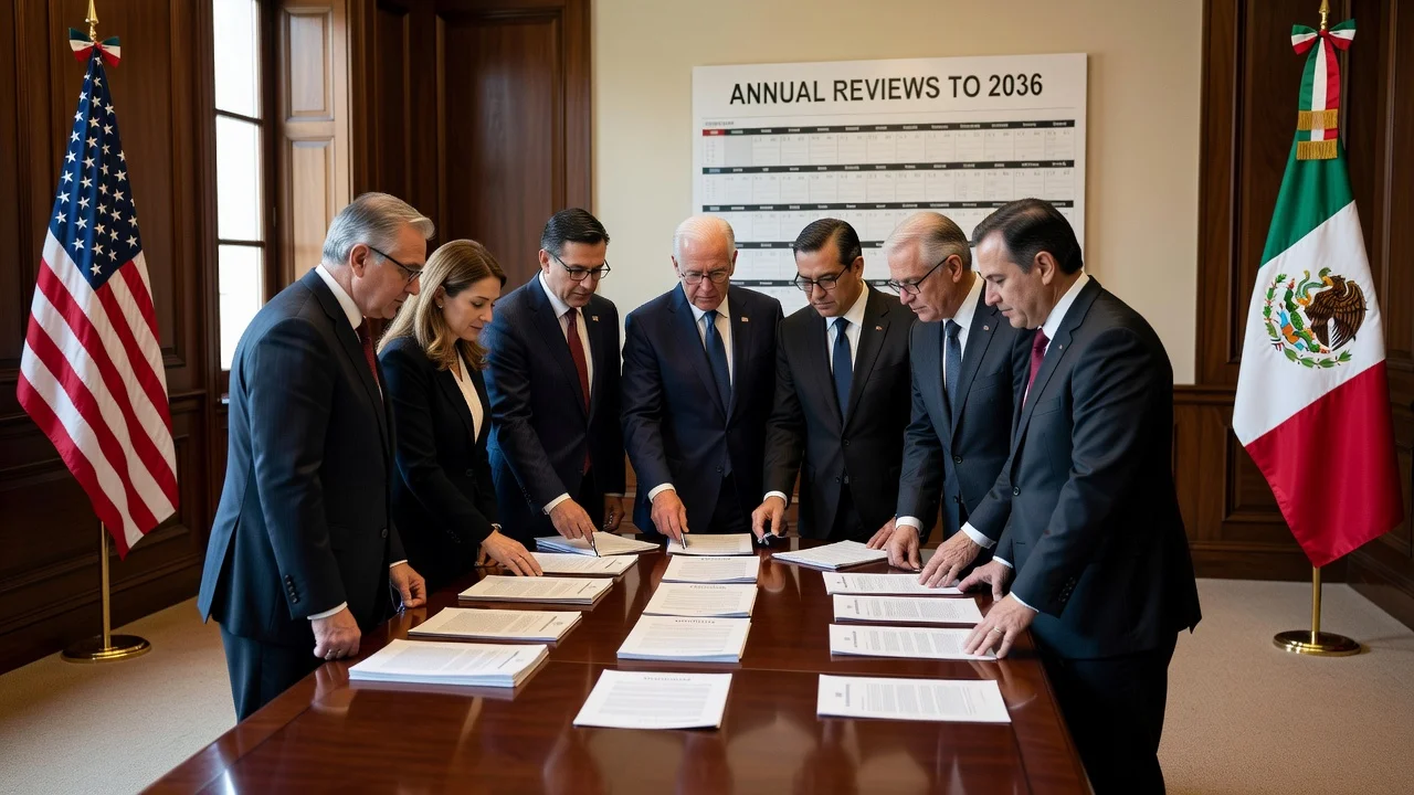 Photorealistic illustration of US and Mexican officials meeting to discuss T-MEC annual reviews until 2036 in Mexico City