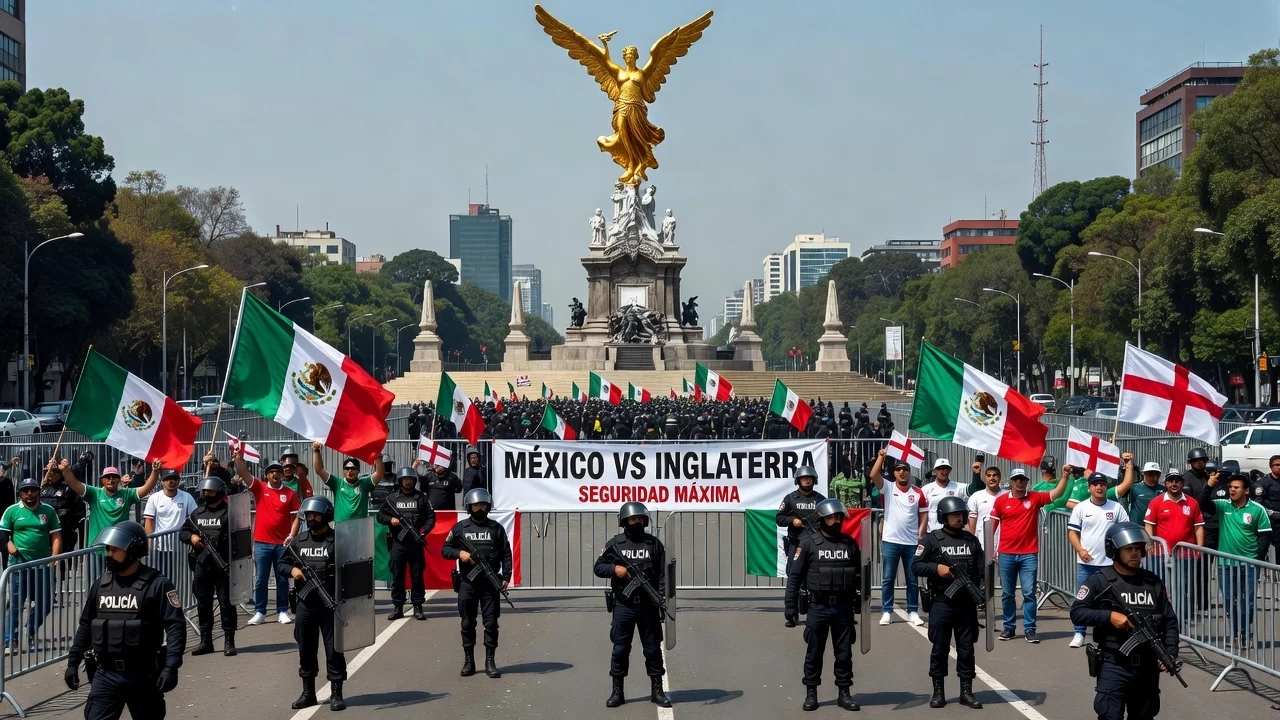 Police strengthening security around the Angel of Independence monument ahead of a soccer match.